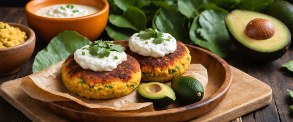 Fototapeta premium Authentic Colombian Bolqueta with Avocado and Ají Sauce