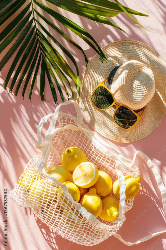 Aufkleber lemons in a string bag on a pink surface with a straw hat and sunglasses under palm tree leaves