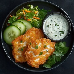 Deliciously Crispy Fish Fillets Served with Fresh Salad and Creamy Sauce on a Black Plate
