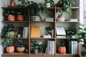 Stylish Bookshelf Design with Plants and Folders in a Modern Urban Setting