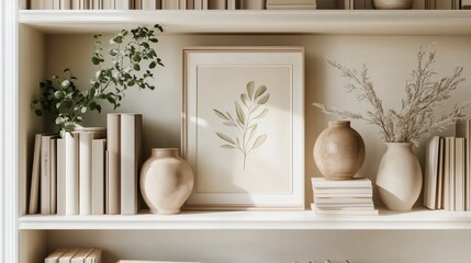 Elegant Bookshelf with Neutral Decor and Greenery, Perfect for Modern Interior Design Inspiration, Zoom Virtual Background. Virtual Meeting. Cozy Interior Backdrop, Stylish Living Room Design. 