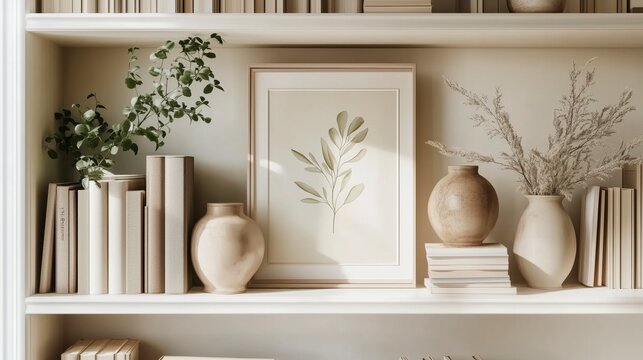 Elegant Bookshelf with Neutral Decor and Greenery, Perfect for Modern Interior Design Inspiration, Zoom Virtual Background. Virtual Meeting. Cozy Interior Backdrop, Stylish Living Room Design. 