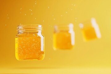 Floating Honey Jars in a Vibrant Yellow Background