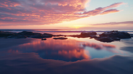 Fototapeta premium Minimalist beach landscape sunrise with rocks and clouds reflection