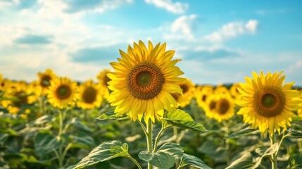 Fototapeta premium Radiant sunflowers bloom under the vibrant sky, embracing the essence of summer's beauty