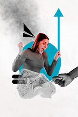Art vertical photo collage of angry girl scream hand show rude fig gesture plastic bag pollution...