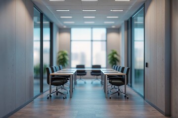 Fototapeta premium Modern Empty Meeting Room Interior with Blurred Office Hall Design