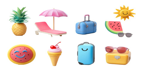 3D summer icon set, beach ball and sun on a white background