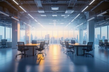 Bright and Ethereal Background of an Expansive Tech Incubator Featuring Motivational Views and Adaptable Workspace Designs