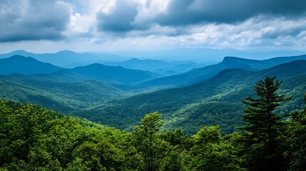 Scenic View of Lush Green Mountain Valley Under Cloudy Sky
