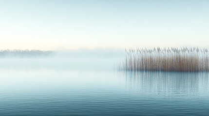 Obraz premium Tranquil lake surrounded by lush reeds and mist rising at dawn creating a serene and picturesque scene in nature's morning embrace.
