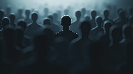 Colorful silhouette of person standing in monochrome crowd of different people,surreal unique and different concept,loneliness in society,shadow,freedom,Love,be yourself,Stand out from the crowd.