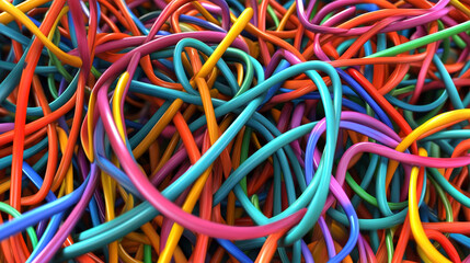 Flying through a tangle of colorful cables. 3D rendering illustration. 3D Illustration