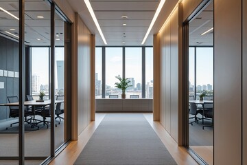 Fototapeta premium Contemporary Minimalist Office Hallway Featuring Spacious Window and Conference Room Design