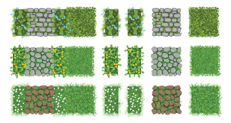 Top view of set of different types of pavement and paths, lawns, flower beds in the park, forest, backyard made of stones, grass, flowers. Colourful. View from above. Aerial. 