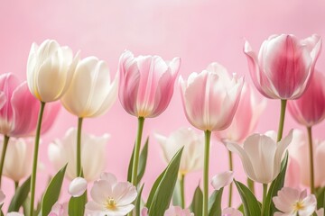 Fototapeta premium A beautiful display of pink and white tulips against a soft pink background creating a floral arrangement