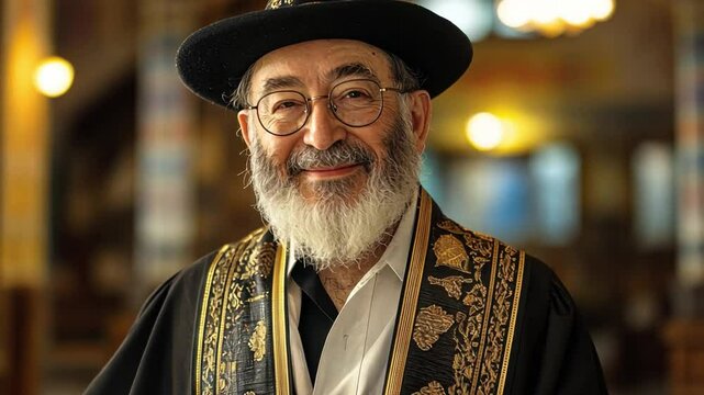 Radiant Rabbi's Portrait: Capturing the essence of wisdom and warmth, a distinguished Rabbi, in traditional attire, beams with a gentle smile.