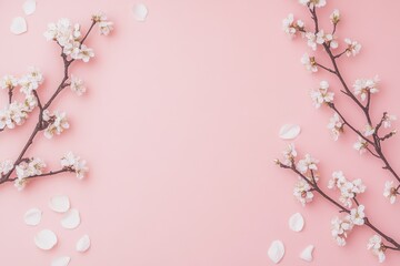 Fototapeta premium Delicate cherry blossom branches framing a soft pink background with scattered white petals creating a serene scene
