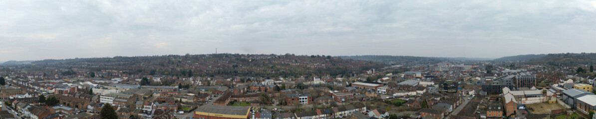 High Angle Panoramic View of High Wycombe Town Centre's Residential District Nearby London City England UK During Cold Cloudy Day of February 19th 2025. 