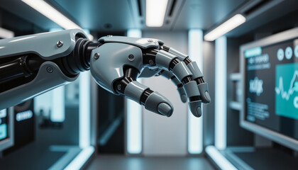 Futuristic mechanical hand reaching out in high-tech environment, innovation
