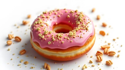 A rosewater and pistachio donut with crushed nuts on a white background.