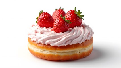 A strawberries and cream donut with whipped topping on a white background.