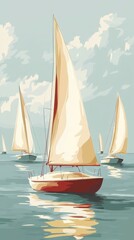 Fototapeta premium Sailboats on a Gentle Bay, Soft breezes