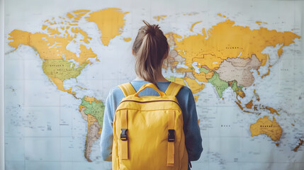 Woman looks at world map with yellow backpack. International education, travel opportunities. Global mobility concept. Person considering education work abroad. Student pro. Study abroad internship.