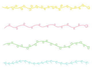 手描きのシンプルなパステルカラーの植物の線画セット　草花・ラインフレーム