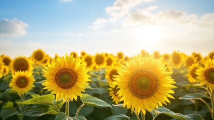 Fototapeta premium A golden expanse: Sunflowers under sunlit skies evoke summer warmth and abundance