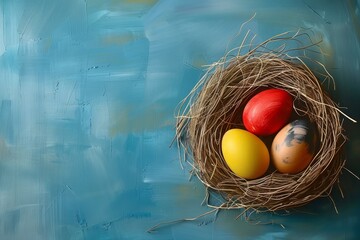 Fototapeta premium Colorful easter eggs resting in a cozy nest against a bright blue backdrop from above