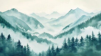 Fototapeta premium Watercolor of landscape forest misty mountains horizon and fog and hills,pine tree fir tree,Autumn forest background,drawn by hand,Autumn illustration design elements for landscape,wallpaper.
