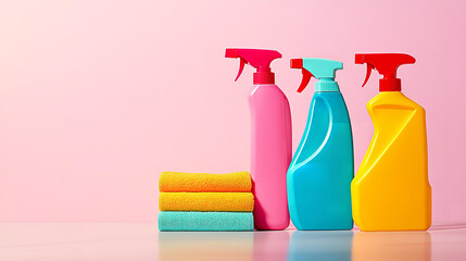 Cleaning liquids bottles, detergents and sprays. Background mock with copy space