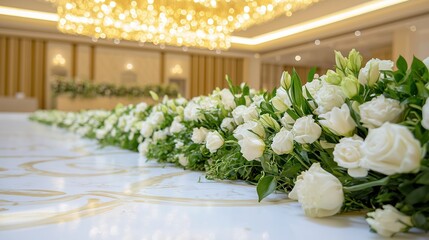Elegant floral arrangement of white roses adorned on a luxurious banquet table in a bright venue