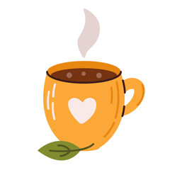 A yellow mug of hot tea. A cup with a heart. Vector illustration in flat style, isolated on a white background