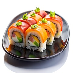 Rainbow Sushi Roll on a Black Glossy Plate &ndash; A sushi roll topped with colorful fish slices.