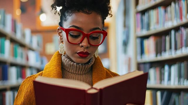 Literary Serenity: A woman engrossed in a book, surrounded by the calming aura of a library setting, her focus intense