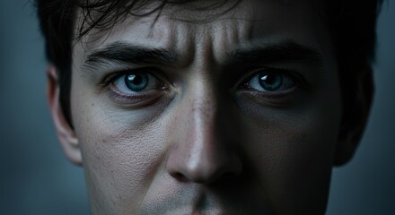 Intense gaze of a young man conveying worry and introspective contemplation