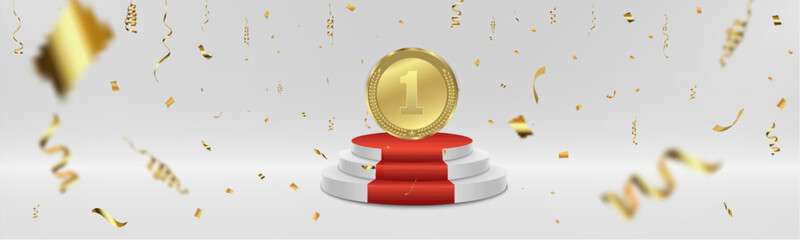 Realistic award medal set with gold, silver, and bronze prizes, podiums, ribbons, and confetti for victory, competition, and championship design.
