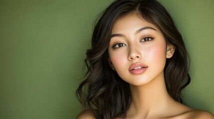Fototapeta premium Beautiful Young Woman with Natural Makeup Against Green Background