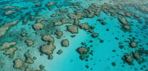 Obraz premium Aerial View of Coral Reefs in Turquoise Water, Tropical Marine Scene