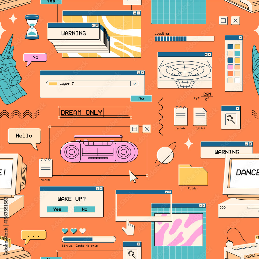 Fototapete repeatable pattern of retro ui, items of computer interface in vaporwave style. endless background o