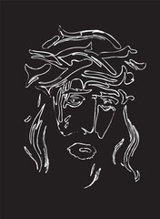 Easter banner or greeting card with portrait of crying Jesus Christ wearing crown of thorns on dark background. Vector illustration on religious theme with Son of God