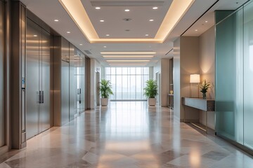 Serene Corporate Lobby Entrance with Blurred Pathway in Luxury Clinic and Hotel Architecture