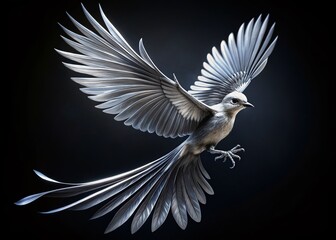Obraz premium Elegant Silver Bird in Flight, Black Background - Stock Photo
