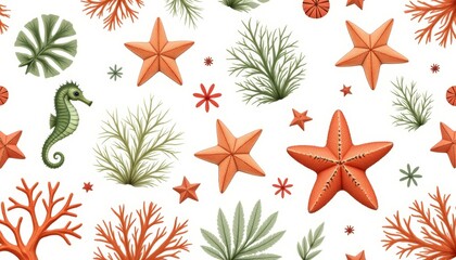 Delicate marine pattern featuring coral, seahorses, and starfish, nature's beauty