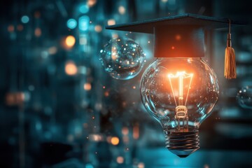 A lightbulb with a graduation cap symbolizing education and innovation amidst a bokeh filled background