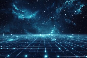 An abstract illustration of a grid with glowing points under a nebula in a dark blue and black sky