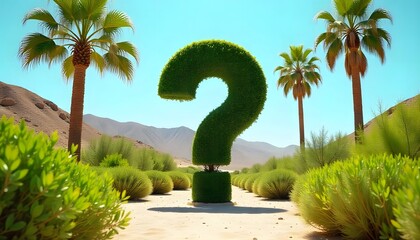 Curious green foliage forming a question mark in a peaceful landscape. Thought-provoking image of a green question mark under a bright sun