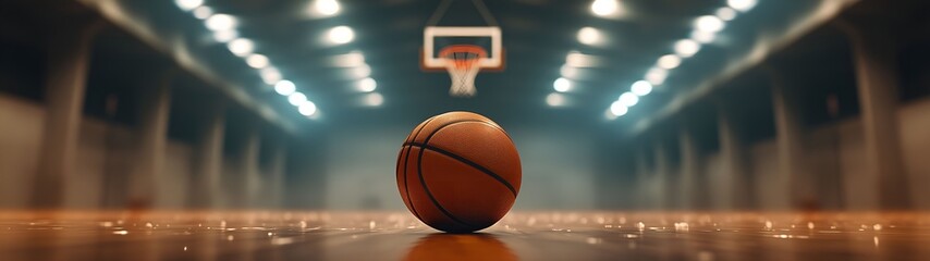 A basketball lies on the court in a sports hall under artificial lighting